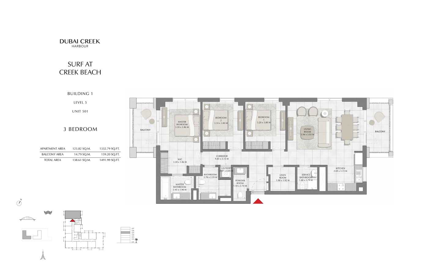 Building 1, 3 Bedroom, Level 5, Size 1491 Sq Ft